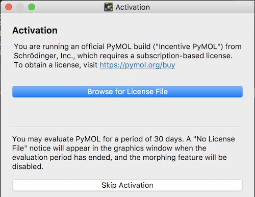 PyMol License Activation Screen