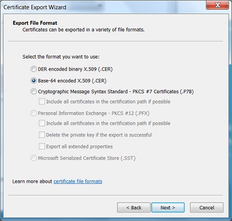 Export Certificate File Formats - Google Chrome