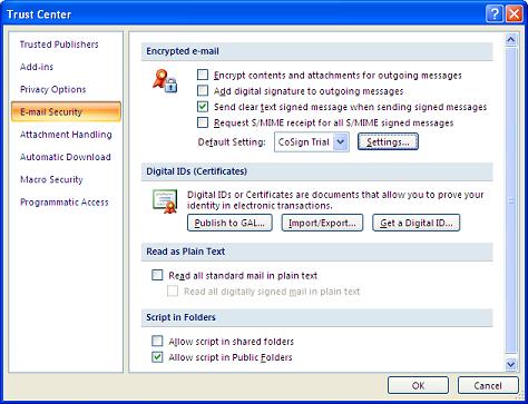 Outlook 2007 Email Security Settings