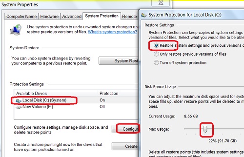 Windows 7: Restore Point Settings