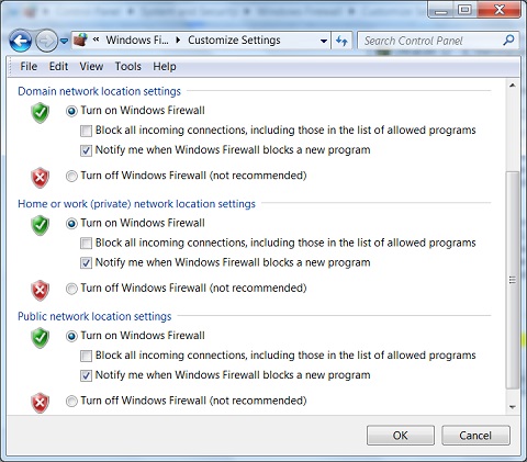Windows 7 Windows Firewall Settings