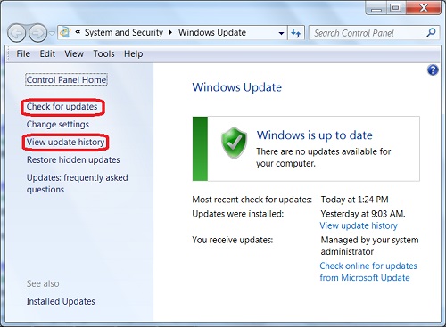 windows 7 updates managed by your system administrator