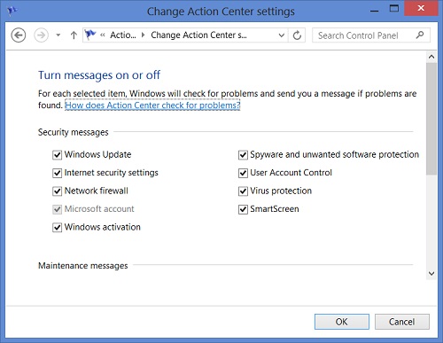 Windows 8 Action Center Security Settings