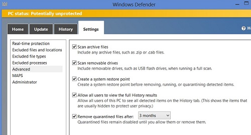 Windows 8 - Windows Defender Settings