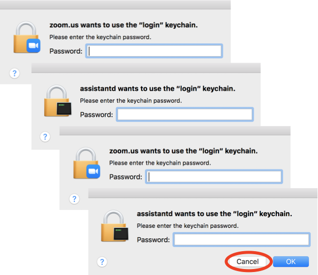 'login' Keychain Popup Messages for Starting Zoom