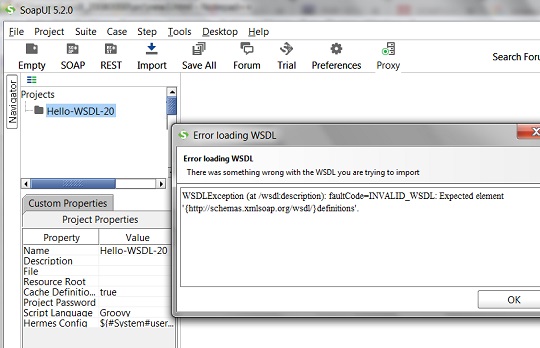 SoapUI Error When Loading WSDL 2.0 Document