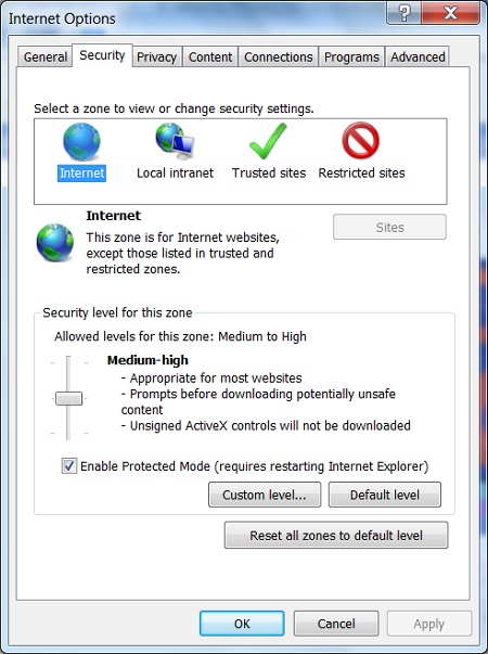 Setting Privacy Level to Medium High in IE