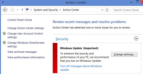 Windows 8 Action Center Security Messages