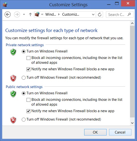 Windows 8 Windows Firewall Settings